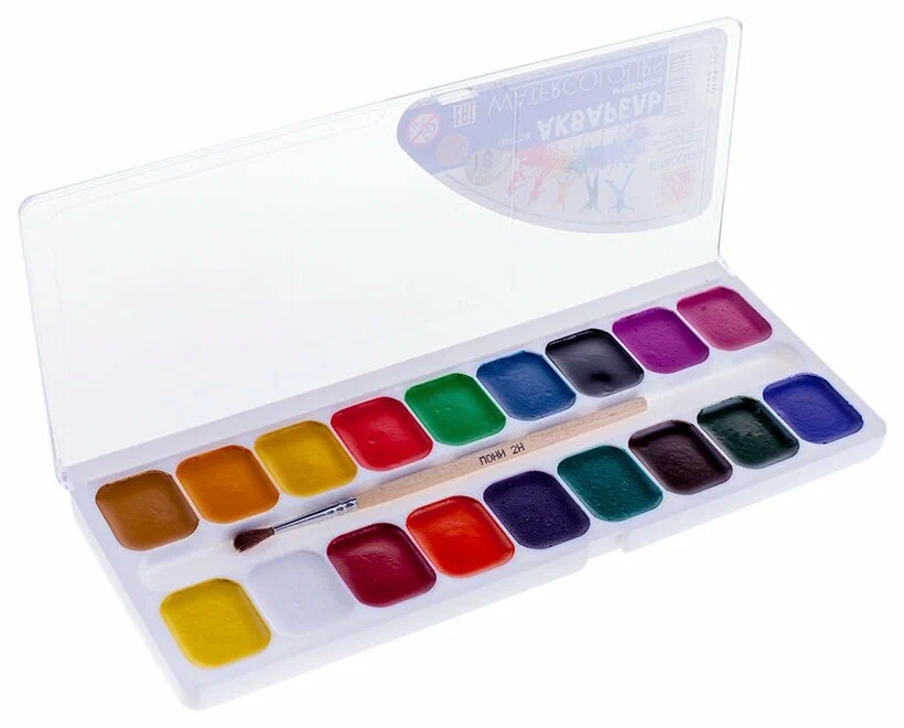 Краски акварельные, гаушь, кисти